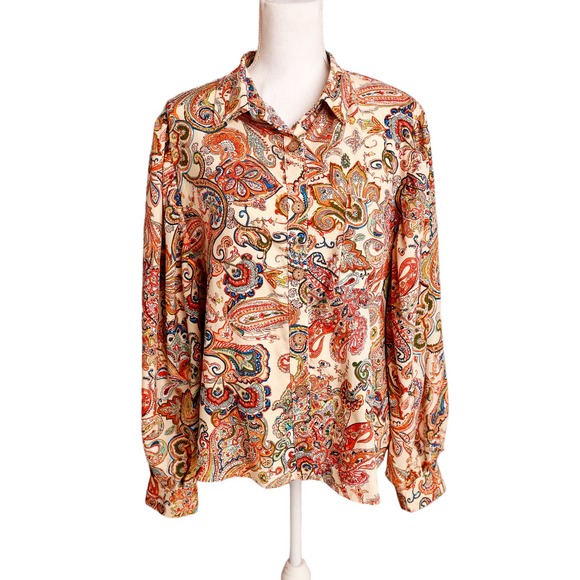 Anna-Kaci California Paisley button down shirt Blouse‎ Top size 1X puffy sleeves - Picture 1 of 7